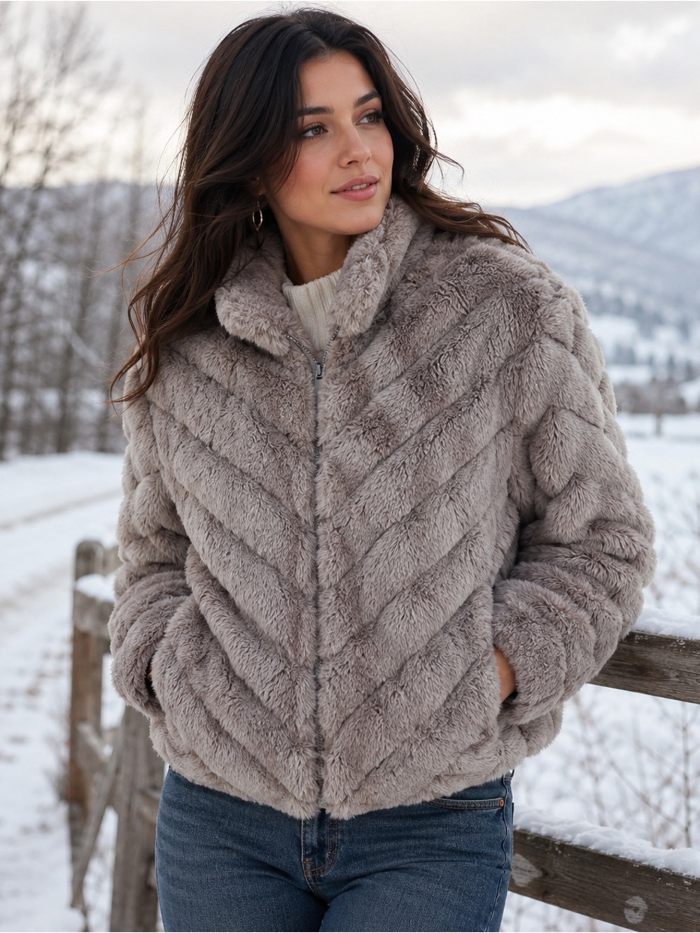Altar'd State Plush Chevron Faux Fur Jacket - Gray